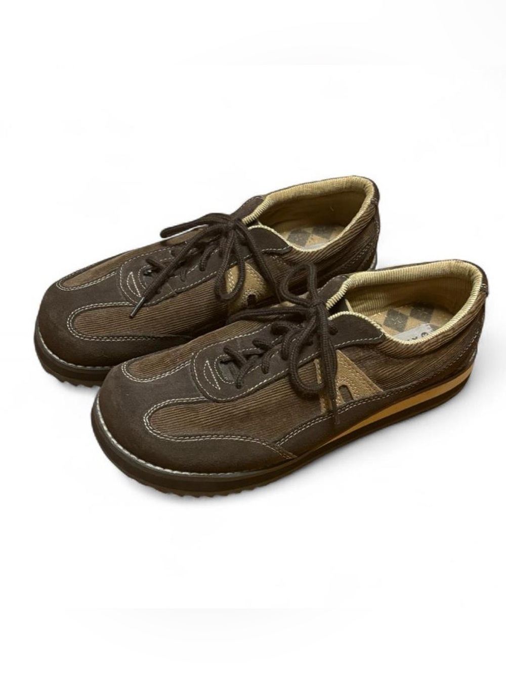 Y2K brown chunky sneakers women’s 8.5 suede and corduroy lace up 90s 2000s vtg